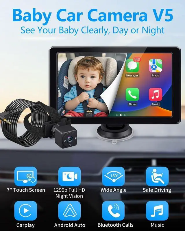 Alt view image 2 of 7 - Baby Car Camera, 1296P HD Car Baby Monitor with 7" Touchscreen, CarPlay, NoGlow Night Vision, 150° Wide Angle, Live RearSeat View, Easy Installation, Alternative to Rear Facing Mirrors