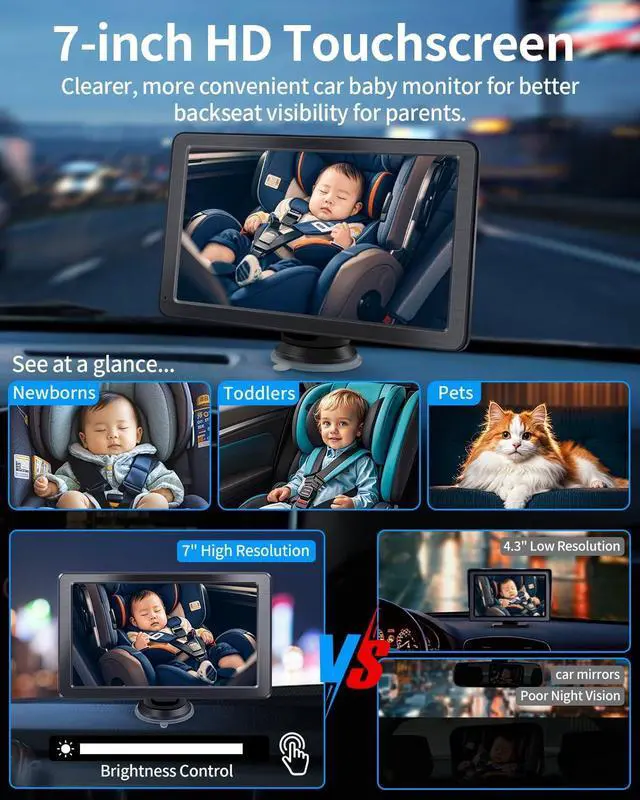 Alt view image 5 of 7 - Baby Car Camera, 1296P HD Car Baby Monitor with 7" Touchscreen, CarPlay, NoGlow Night Vision, 150° Wide Angle, Live RearSeat View, Easy Installation, Alternative to Rear Facing Mirrors