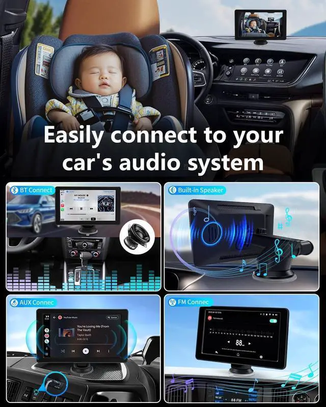 Alt view image 7 of 7 - Baby Car Camera, 1296P HD Car Baby Monitor with 7" Touchscreen, CarPlay, NoGlow Night Vision, 150° Wide Angle, Live RearSeat View, Easy Installation, Alternative to Rear Facing Mirrors