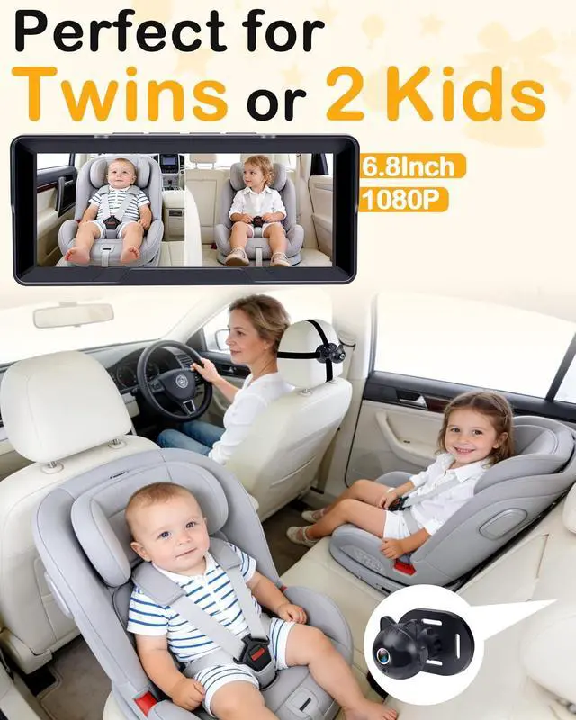 Alt view image 2 of 7 - 1080P Dual Baby Car Camera: 6.8" Split-Screen Monitor 2-Kids at Once