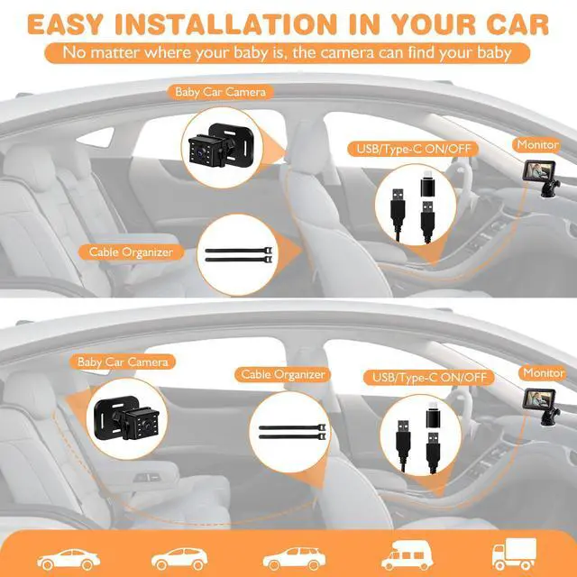 Alt view image 5 of 7 - 1080P Baby Car Mirror Camera for Rear Facing Seat, USB/Type-C Port 4.3" Backseat Headrest Carseat Camera Monitor with HD Night Vision for Baby Safety in Car, 150° Wide View Angle, 360° Rotatable