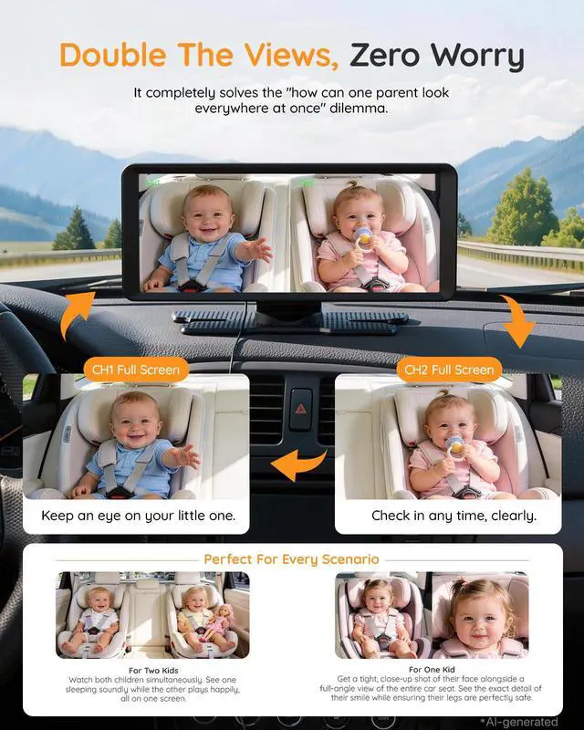Alt view image 4 of 7 - BM5PRO Baby Car Camera for 2 Kids, 7.2" Split Screen Monitor