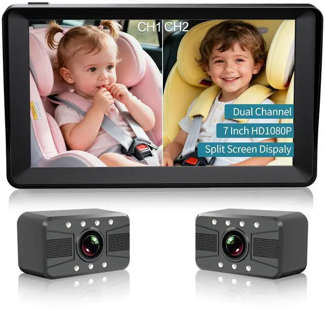 Main image of Dual Baby Car Camera, 7" 1080P Split Screen Baby Car Monitor with Night Vision, Rear Facing Car Seat Camera for 2 Kids Newborn Toddlers Travel Safety