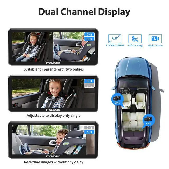 Alt view image 2 of 7 - Baby Car Camera Dual-Channel 6.8 inch HD 1080P Display with 2 IR Night Vision, Baby Car Mirror Easily Install Car Camera for Baby with Crystal Clear Wide View for Rear Facing Seat