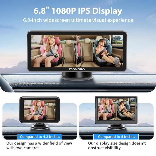 Alt view image 3 of 7 - Baby Car Camera Dual-Channel 6.8 inch HD 1080P Display with 2 IR Night Vision, Baby Car Mirror Easily Install Car Camera for Baby with Crystal Clear Wide View for Rear Facing Seat