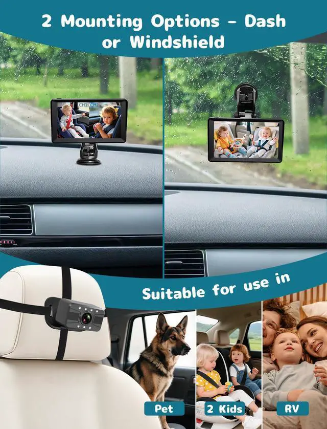 Alt view image 6 of 7 - Dual Baby Car Camera, 7" 1080P Split Screen Baby Car Monitor with Night Vision, Rear Facing Car Seat Camera for 2 Kids Newborn Toddlers Travel Safety