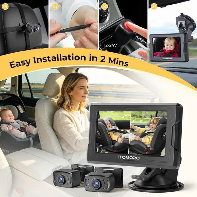 Alt view image 7 of 7 - Baby Car Camera HD 1080P Dual-Channel Display Car Baby Camera with 2 IR Night Vision Camera, Easily Install 4.3'' Car Camera for Baby with Crystal Clear Wide View for Rear Facing Seat