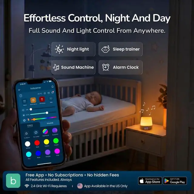 Alt view image 2 of 7 - Baby Sound Machine with Night Light for Sleeping - Smart Portable Nursery White Noise Machine for Babies & Kids, Free App, No Subscription, 28 Sounds, Ok-to-Wake Alarm Clock, Sleep Timer