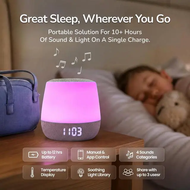 Alt view image 4 of 7 - Baby Sound Machine with Night Light for Sleeping - Smart Portable Nursery White Noise Machine for Babies & Kids, Free App, No Subscription, 28 Sounds, Ok-to-Wake Alarm Clock, Sleep Timer