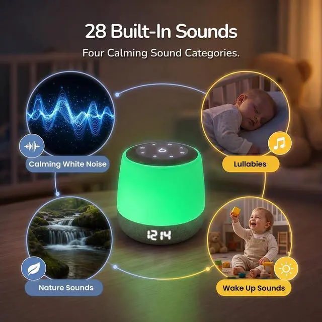 Alt view image 5 of 7 - Baby Sound Machine with Night Light for Sleeping - Smart Portable Nursery White Noise Machine for Babies & Kids, Free App, No Subscription, 28 Sounds, Ok-to-Wake Alarm Clock, Sleep Timer