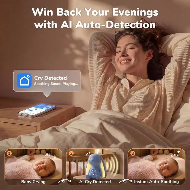 Alt view image 4 of 7 - Mom's Choice AwardsBunny White Noise Sound Machine Baby for Sleep- AI Cry Detection, 100 Soothing Sounds, Full APP Access Included, Newborn Baby Boy Gifts, Night Light & Sleep Trainer, New Mom Gift