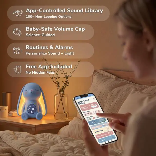 Alt view image 6 of 7 - Mom's Choice AwardsBunny White Noise Sound Machine Baby for Sleep- AI Cry Detection, 100 Soothing Sounds, Full APP Access Included, Newborn Baby Boy Gifts, Night Light & Sleep Trainer, New Mom Gift