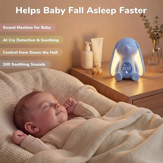 Alt view image 3 of 7 - Mom's Choice AwardsBunny White Noise Sound Machine Baby for Sleep- AI Cry Detection, 100 Soothing Sounds, Full APP Access Included, Newborn Baby Boy Gifts, Night Light & Sleep Trainer, New Mom Gift