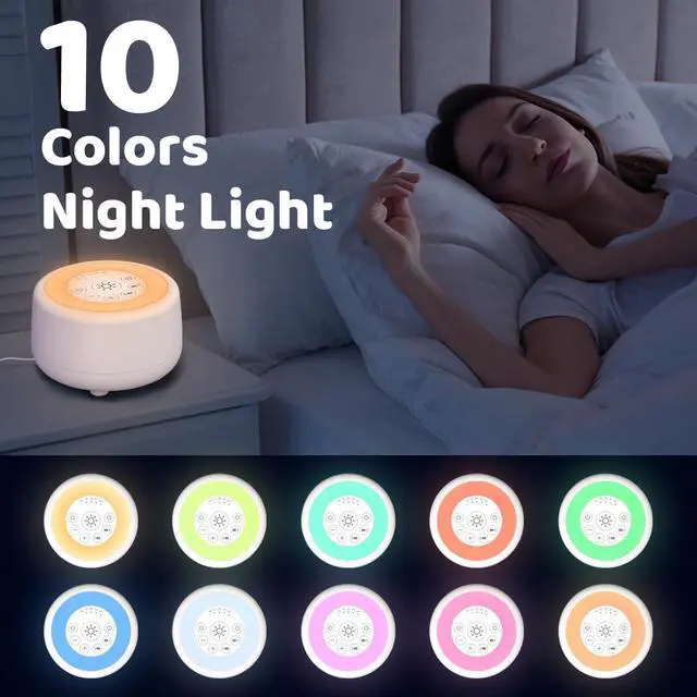 Alt view image 3 of 7 - Sound White Noise Machine with 25 Soothing Sounds and 10 Colors Warm Night Light 4 Brightness Levels 32 Volume Levels 5 Timer and Memory Function for Baby Kids Adults Seniors Sleeping White