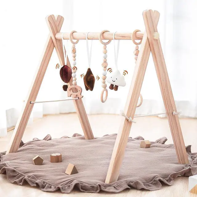 Main image of Wooden Baby Play Gym Play Mat Foldable with 6 Hanging Toys for Shower Gift