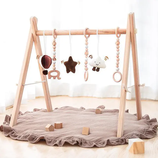 Alt view image 2 of 7 - Wooden Baby Play Gym Play Mat Foldable with 6 Hanging Toys for Shower Gift