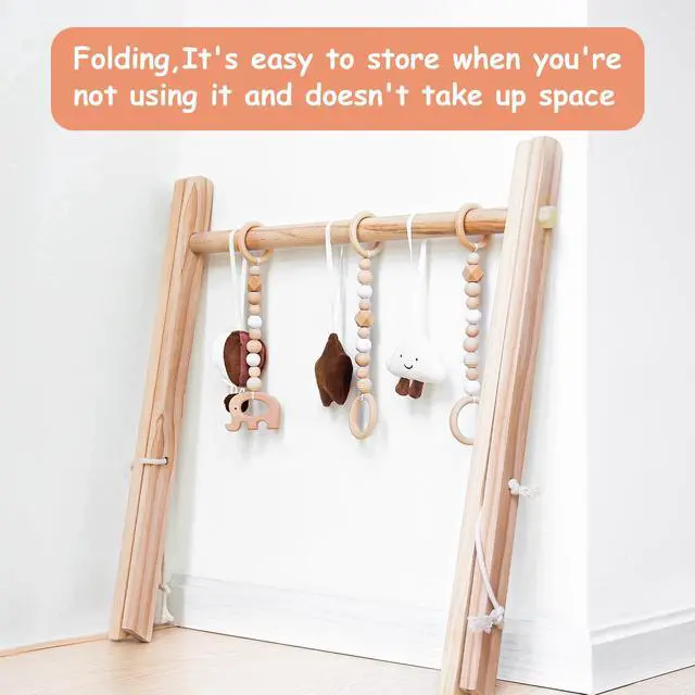 Alt view image 4 of 7 - Wooden Baby Play Gym Play Mat Foldable with 6 Hanging Toys for Shower Gift