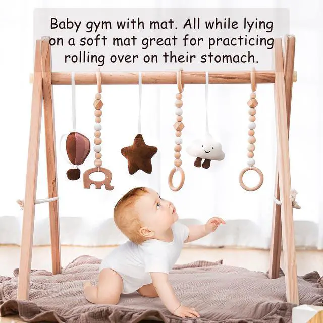 Alt view image 5 of 7 - Wooden Baby Play Gym Play Mat Foldable with 6 Hanging Toys for Shower Gift