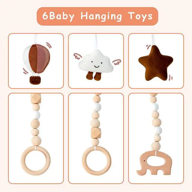 Alt view image 6 of 7 - Wooden Baby Play Gym Play Mat Foldable with 6 Hanging Toys for Shower Gift