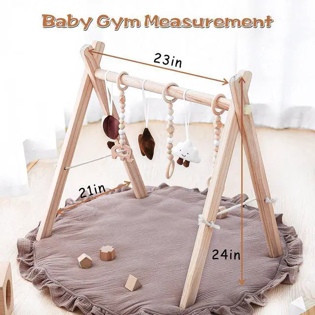 Alt view image 7 of 7 - Wooden Baby Play Gym Play Mat Foldable with 6 Hanging Toys for Shower Gift