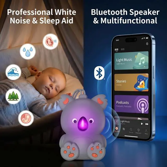 Alt view image 3 of 7 - White Noise Machine for Baby with Bluetooth Speaker | Portable Baby Sound Machine Sleep Soother Music for Nursery & Travel, Soothing Lullabies Non-Looping Sounds, Timer, USB-C Rechargeable