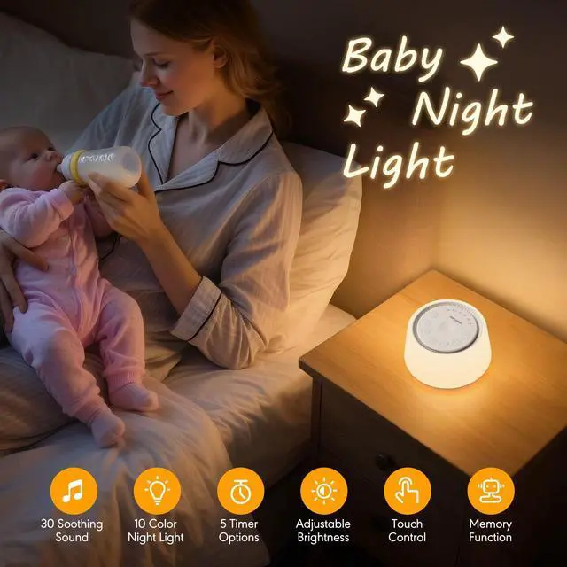 Alt view image 2 of 7 - White Noise Machine with Night Light, 30 Soothing Sounds Portable Sound Machine for Baby and Adults, 10 Color Night Light, 5 Timer Options, Memory Function,Compact for Travel (White)