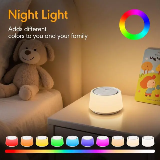 Alt view image 4 of 7 - White Noise Machine with Night Light, 30 Soothing Sounds Portable Sound Machine for Baby and Adults, 10 Color Night Light, 5 Timer Options, Memory Function,Compact for Travel (White)