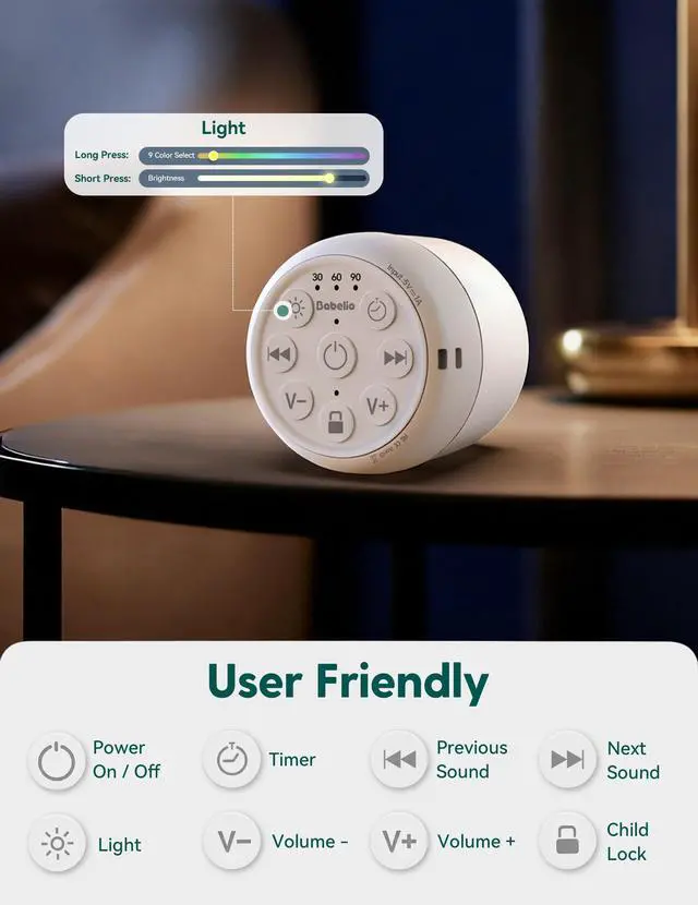 Alt view image 6 of 7 - Pocket Glow White Noise Sound Machine - Upgraded 9 Color Night Lights, 20 Non-Looping Sounds, Timer & Memory Function, Portable for Adults & Babies, White