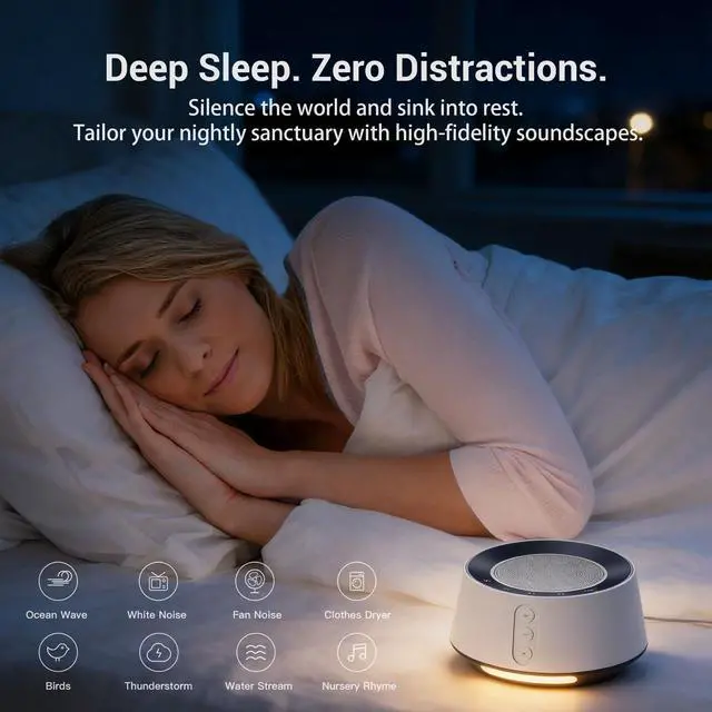 Alt view image 2 of 7 - White Noise Machine with Night Light 20 Soothing Sounds, 10 Color Lights, 5 Timer Settings & Memory Function, Portable Sleep Sound Machine for Baby Nursery, Kids & Adults, Black