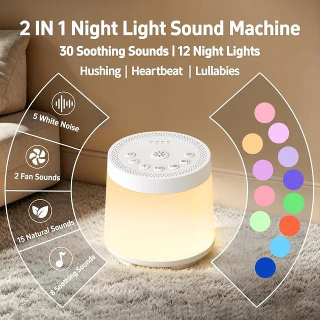 Alt view image 2 of 7 - Rechargeable Nursery Night Light Sound White Noise Machine for Baby Kids Adults with Hushing Sounds 30 Sleeping Sounds 12 Colors Night Light 4 Timers Memory Function for Home Breastfeeding Camping