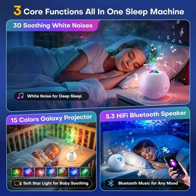 Alt view image 2 of 7 - Sound Machine Light Projector, 30 Sleep Sounds for Adult, Bluetooth Speaker