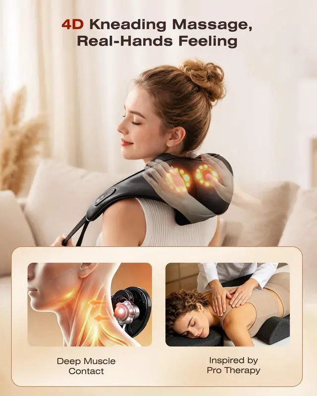 Alt view image 3 of 7 - Cordless Neck Massager with Graphene Heating & Brushless Motor, Compact Design Back and Shoulder Massager for Pain Relief Deep Tissue, Hands-Free Straps, 4D Shiatsu Kneading, Gift for Dad Mom