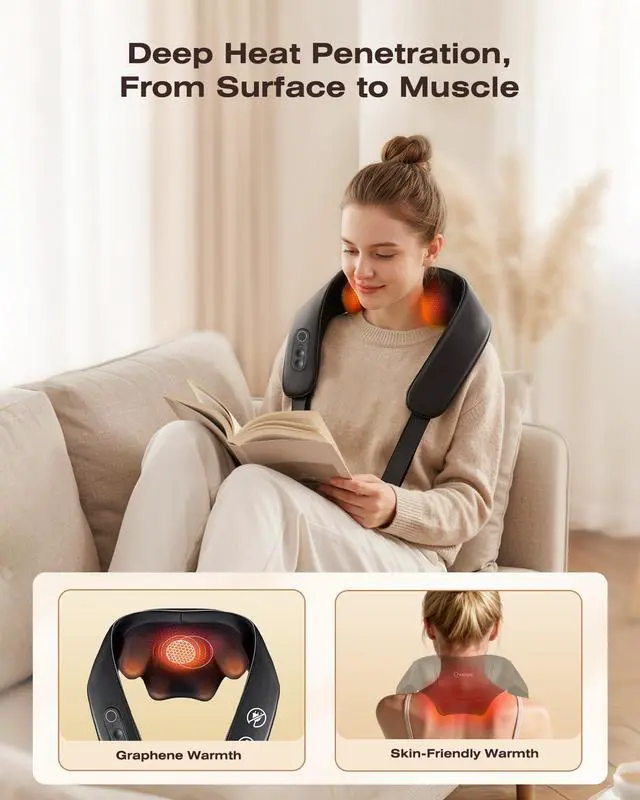 Alt view image 4 of 7 - Cordless Neck Massager with Graphene Heating & Brushless Motor, Compact Design Back and Shoulder Massager for Pain Relief Deep Tissue, Hands-Free Straps, 4D Shiatsu Kneading, Gift for Dad Mom