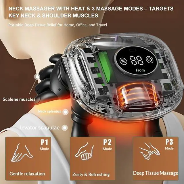 Alt view image 3 of 7 - Neck Massager with Heat, Cordless 4D Kneading Neck Shoulder Back Massager, Deep Tissue Pain Relief Massager with Bionic Fingers & Screen, Ideal Gift for Men Women(Black)