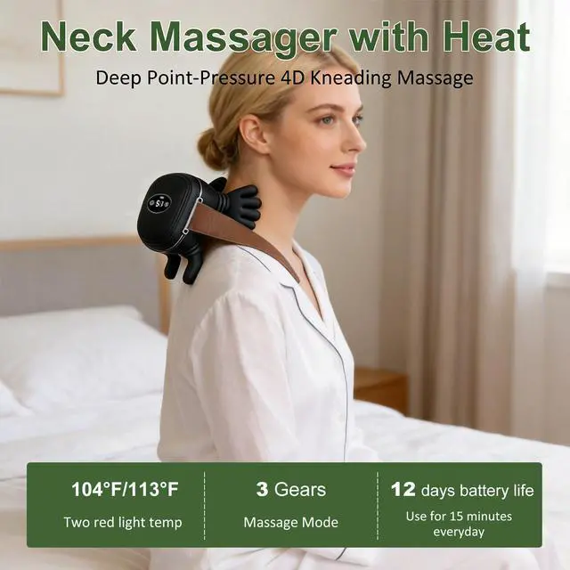Alt view image 4 of 7 - Neck Massager with Heat, Cordless 4D Kneading Neck Shoulder Back Massager, Deep Tissue Pain Relief Massager with Bionic Fingers & Screen, Ideal Gift for Men Women(Black)