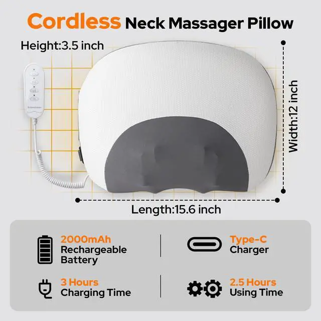 Alt view image 6 of 7 - Upgraded 3-in-1 Cordless Neck Massager Pillow with Heat, Rolling Shiatsu