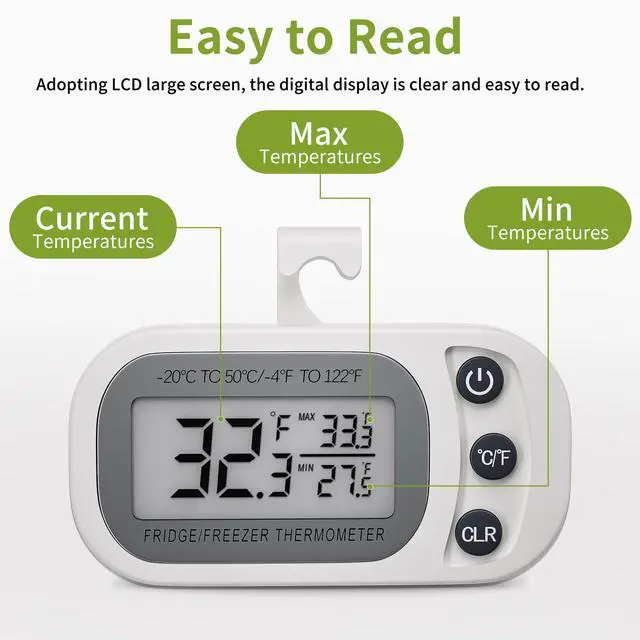 Alt view image 3 of 7 - Digital Frigerator Thermometer 2 Pack, Waterproof Fridge and Freezer Thermometer, Thermometer Refrigerator with Large LCD Screen, Stand and Magnetic Back, for Room,Kitchen(White)