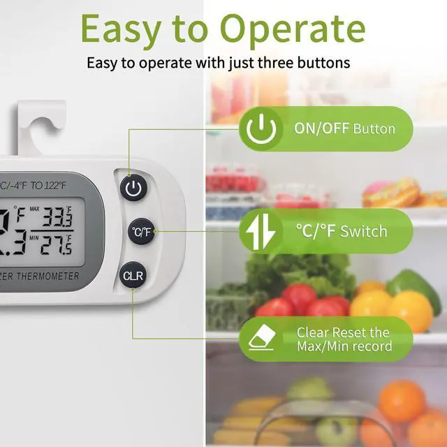 Alt view image 4 of 7 - Digital Frigerator Thermometer 2 Pack, Waterproof Fridge and Freezer Thermometer, Thermometer Refrigerator with Large LCD Screen, Stand and Magnetic Back, for Room,Kitchen(White)
