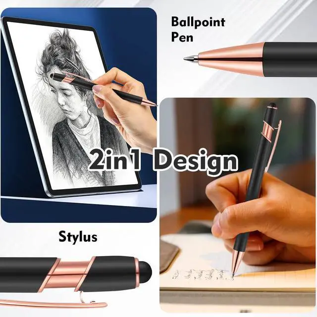 Alt view image 2 of 7 - 12 PCS 2 in 1 Stylus Ballpoint Pen with Stylus Tip, 1.0 mm Black Ink Metal Pen Stylus Pen for Touch Screens (Rose Gold & Black)
