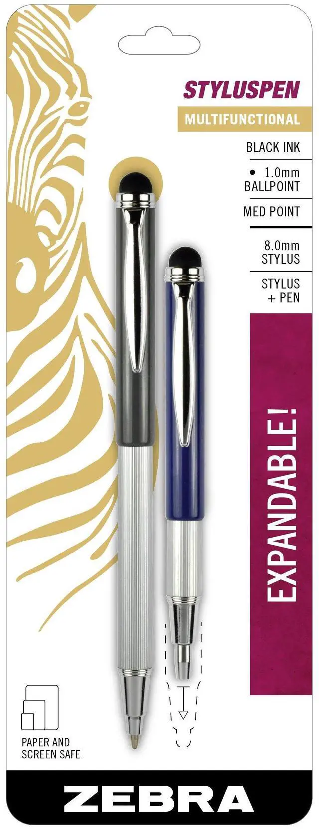 Main image of Expandable StylusPen Ballpoint Pen, Black Ink, 1.0mm, 2-Pack