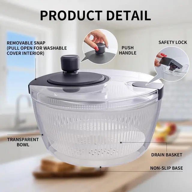 Alt view image 3 of 7 - Salad Spinner Large, Fruit Washing Bowl with Strainer, Quick and Easy Use Lettuce Spinner, Fruits and Vegetables Washer, Lettuce Salad Dryer, Kitchen Essentials (4L/4.23Qt)