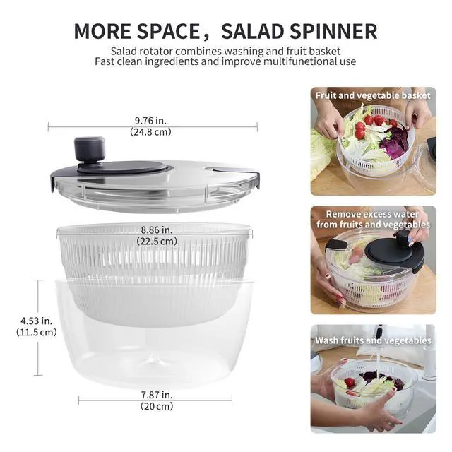 Alt view image 7 of 7 - Salad Spinner Large, Fruit Washing Bowl with Strainer, Quick and Easy Use Lettuce Spinner, Fruits and Vegetables Washer, Lettuce Salad Dryer, Kitchen Essentials (4L/4.23Qt)