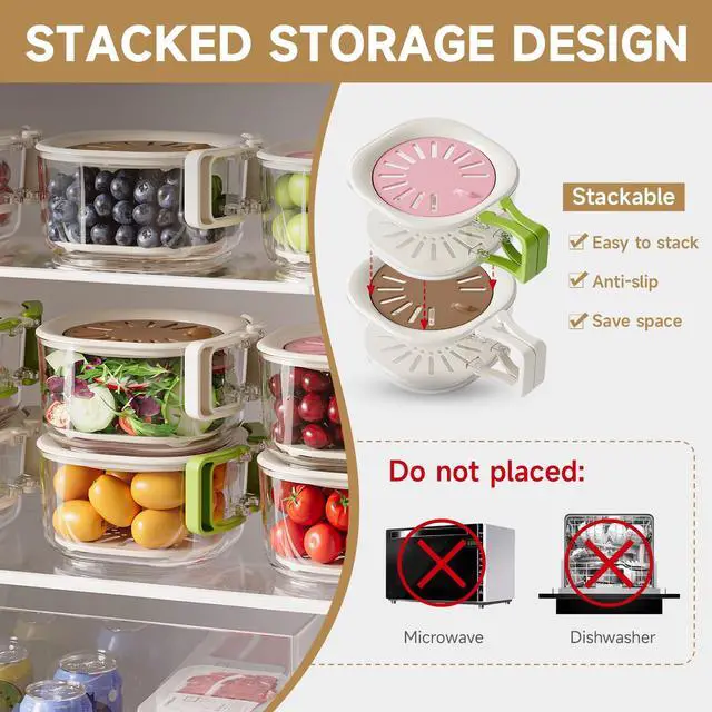 Alt view image 6 of 7 - Fruit Vegetable Washing Bowl with Strainer, Multifunctional, Berry Lettuce Keeper for Fridge Refrigerator Organization, Portable Colander for Kitchen, Drainer Container With Lid, 2 Pack (Mix)