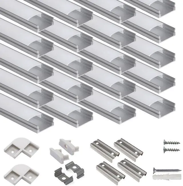 Main image of 20-Pack 3.3ft/1Meter U Shape LED Aluminum Channel System with Milky Cover, End Caps and Mounting Clips, Aluminum Profile for LED Strip Light Installations, Very Easy Installation