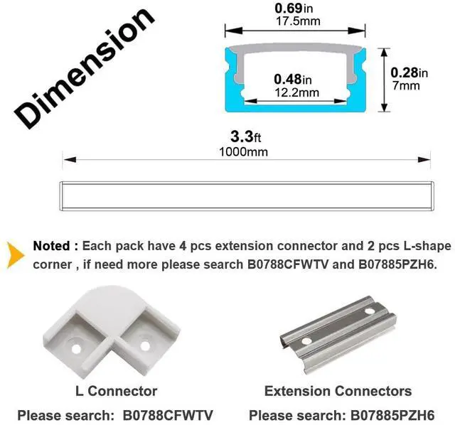 Alt view image 4 of 7 - 20-Pack 3.3ft/1Meter U Shape LED Aluminum Channel System with Milky Cover, End Caps and Mounting Clips, Aluminum Profile for LED Strip Light Installations, Very Easy Installation