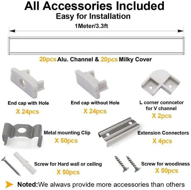 Alt view image 2 of 7 - 20-Pack 3.3ft/1Meter U Shape LED Aluminum Channel System with Milky Cover, End Caps and Mounting Clips, Aluminum Profile for LED Strip Light Installations, Very Easy Installation