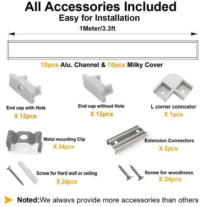 Alt view image 2 of 7 - 10-Pack 3.3ft/1Meter U Shape LED Aluminum Channel System with Milky Cover, End Caps and Mounting Clips, Aluminum Profile for LED Strip Light Installations, Very Easy Installation