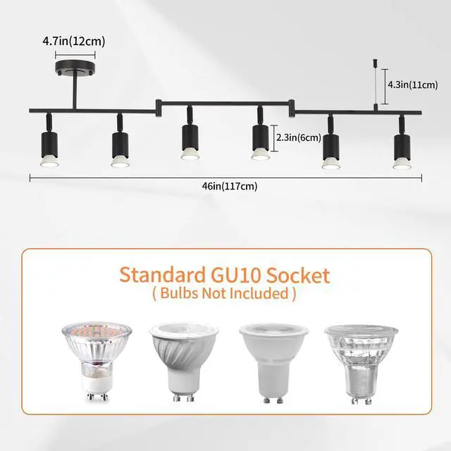 Alt view image 2 of 7 - 6-Light Black Track Lighting Fixtures Ceiling, Flexible Foldable Arm and Rotatable Light Head,Modern LED Track Lighting for Kitchen Islands, Dining Rooms(GU10 Socket, Bulbs Not Included)