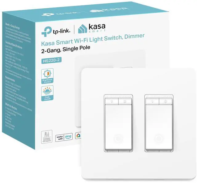 Main image of Dimmer Switch 2-Gang HS220-2, Single Pole, Needs Neutral Wire, 2.4GHz Wi-Fi Light Switch Compatible with Alexa and Google Home, UL Certified, No Hub Required, White