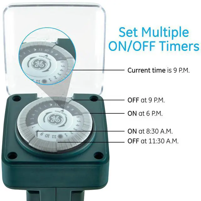 Alt view image 5 of 7 - Outdoor 24-Hour Mechanical Stake Timer Plug-in, Heavy-Duty, 6 Grounded Outlets, Weather Resistant, 30-Minute Intervals, For Seasonal Lighting, String Lights, Pumps, Fountains, 29972